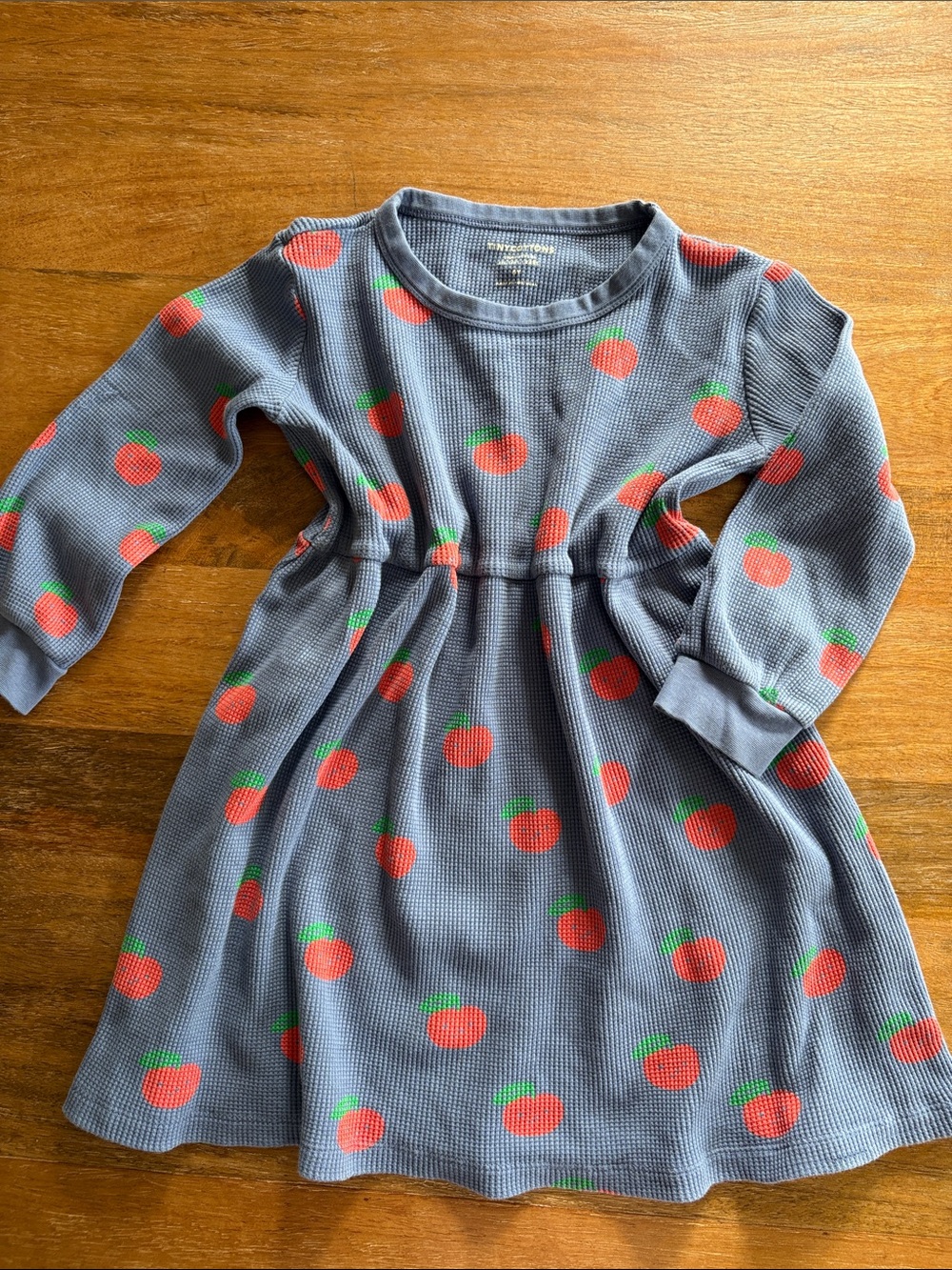Tiny Cottons- Girls' Blue Waffle Knit Dress with Red Apple Print